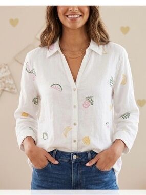 C&C California Embroidered Fruit Linen Button Down